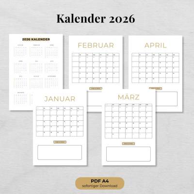 Kalender 2026 A4 zum Ausdrucken inkl. 12 Monatsblättern