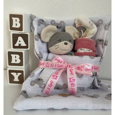 Windeltorte Mädchen Bio – Personalisiertes Babygeschenk mit Schmusetuch Maus und Name