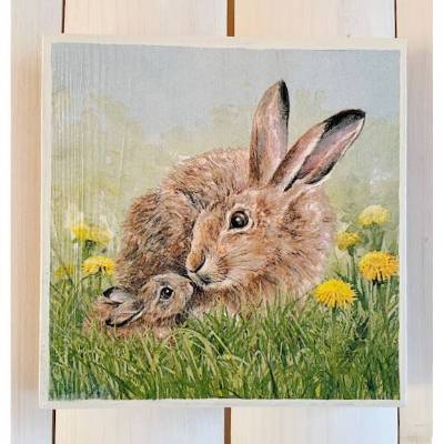 Holzbild, zwei Hasen im Löwenzahn, zum Aufhängen oder Aufstellen; Ostern