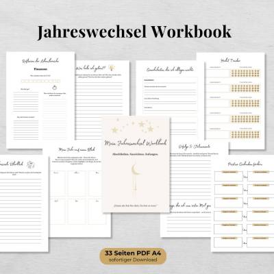 Jahreswechsel Workbook als PDF zum Ausdrucken - Jahresrückblick, Ziele setzen, Reflexion & mehr - 30+ Seiten