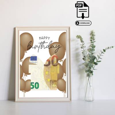Geldgeschenk Happy Birthday - DIY - Last Minute Geschenk - Handgemacht - Geldgeschenk zum Ausdrucken – Sofort PDF Downlo