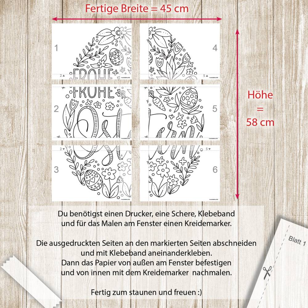 Fensterbild Vorlage für Kreidemarker, Osterei mit Blumen, Frohe Ostern