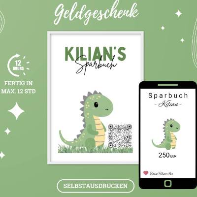 QR-Code Sparbuch Dino | Cooles Geldgeschenk für Jungen | DIY Last-Minute Download | Digitales Sparbild PNG