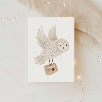 Postkarte Eule Schneeeule mit Brief Winter Grußkarte - Lesen Geschenk Eule - A6 Karte weiße Eule Tiermotiv Vogel schlich