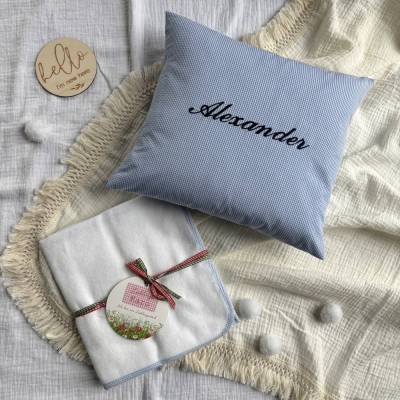 Geschenkset zur Geburt, Nameskissen und Moltontuch aus Vichy Karo