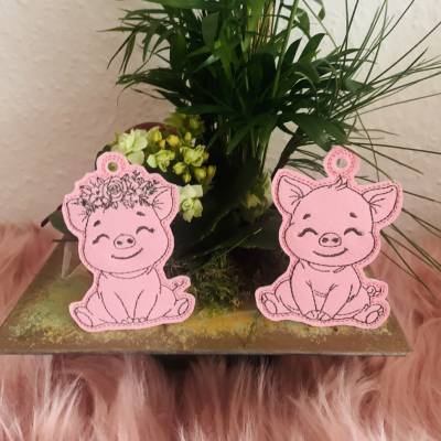 Stickdatei Schwein Anhänger ITH Set 992 – Doodle Lineart, Schlüsselanhänger mit Anleitung