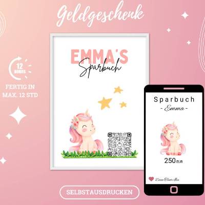 QR-Code Sparbuch Einhorn | Märchenhaftes Geldgeschenk für Mädchen | DIY Last-Minute Download | PNG zum Ausdrucken
