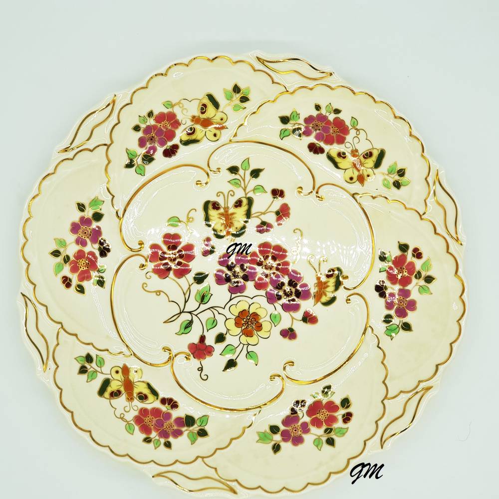 Handbemalter ZSOLNAY PECS Porzellan Teller 30cm – Vintage Sammelteller mit Goldrand & Blumen Bild 2