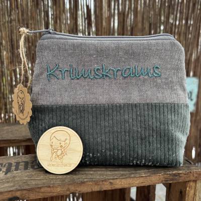 Schminktasche Krimskrams petrol Cord – Kosmetiktasche Geschenkidee bestickt