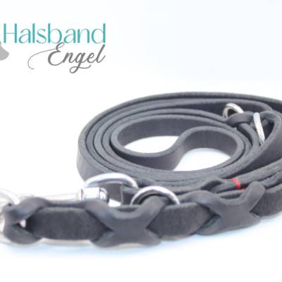 Hundeleine aus Fettleder Schwarz mit roter Naht 15 mm | 2 m | Edelstahl | Halsbandengel