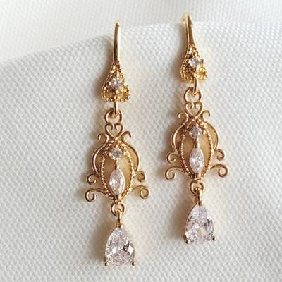 Viktorianische Ohrringe, Hochzeitschmuck Gold mit Zirkonia,Braut Ohrringe,Vergoldete Ohrringe