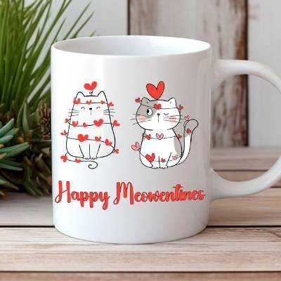 Valentinstag Kaffeetasse, Katzen Happy Meowentines , Geschenkidee für Paare personalisierbar