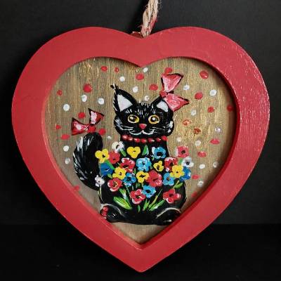 Original Acrylgemälde 14 cm – Handgemalte-Katze-Herz – Rote-Wanddeko Unikat – Modern Art Miniatur