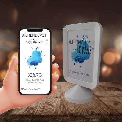 Geldgeschenk Aktie ETF Kryptowährung | Personalisierter NFC & QrCode Bildständer | Farbklecks Blau