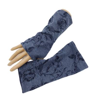 Wende- Armstulpen mit Daumenloch Vögel blau, 95% Baumwolle, 5% Elasthan