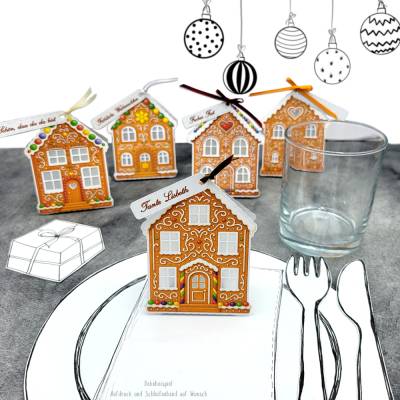 "Lebkuchenhaus" Lichthaus – Handgemachte Tischdeko, Gastgeschenk & Platzkarte für LED-Teelichter