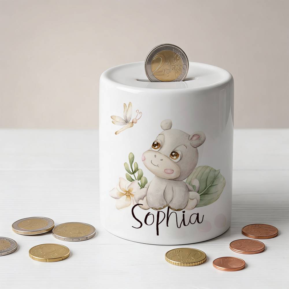 Personalisierte Spardose mit Name aus Keramik *Safari Nilpferd* / Geldgeschenk für Kinder zur Einschulung
