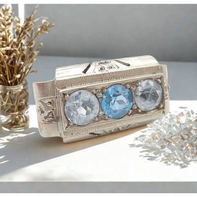 Einzigartiger Silber ARTDECO Ring mit Blautopas & Bergkristall – Handarbeit um 1930, RG 52