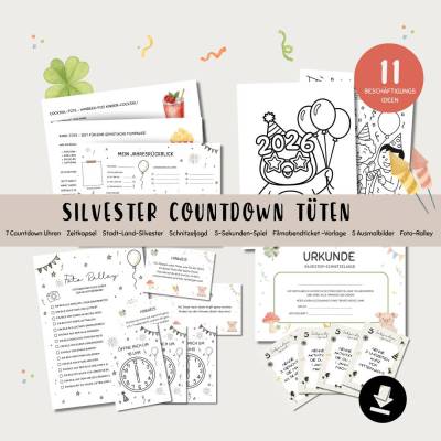 Silvester Countdown Tüten, Beschäftigungsideen Kinder, inkl. Schnitzeljagd, Ausmalbilder, Foto-Ralley und mehr