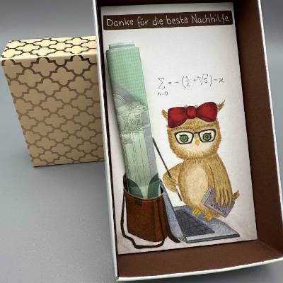 Originelles Geschenk für Nachhilfelehrer – Handgemalte Geschenkbox mit Eule & Geldfach