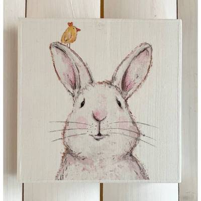 Holzbild, Hase mit Piepmatz, zum Aufhängen oder Aufstellen; Ostern