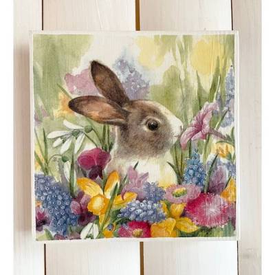 Holzbild, Hase in Blumenwiese, zum Aufhängen oder Aufstellen; Ostern