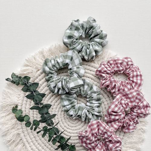 Scrunchie kariert, aus Baumwolle, salbei, altrosa, Haargummi, Zopfgummi
