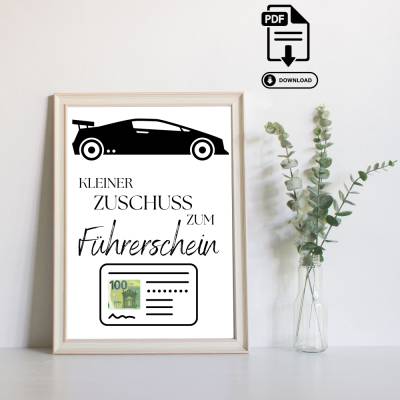 Geldgeschenk Führerschein - Modernes DIY - Last Minute Geschenk - Handgemacht - Geldgeschenk zum Ausdrucken – Sofort PDF