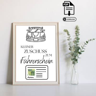 Geldgeschenk Führerschein - Modernes DIY - Last Minute Geschenk - Handgemacht - Geldgeschenk zum Ausdrucken – Sofort PDF