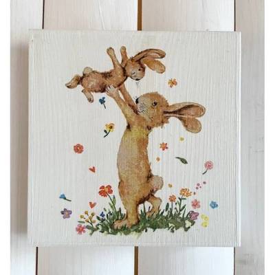 Holzbild, Hasenmama mit Hasenkind, zum Aufhängen oder Aufstellen; Ostern