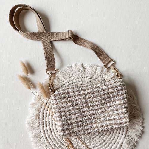 Kleine Umhängetasche Hahnentritt, beige weiß, Crossbody, Handtasche