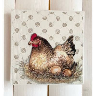 Holzbild, Huhn im Nest, zum Aufhängen oder Aufstellen; Ostern