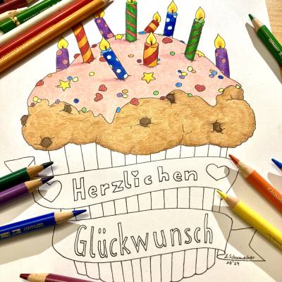 Muffin "Herzlichen Glückwunsch" – Ausmalbild für Kinder & Erwachsene im DIN A4 Hochformat