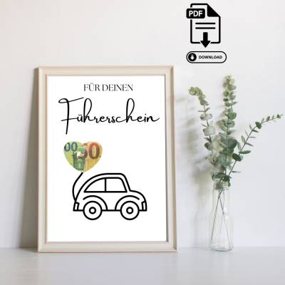 Geldgeschenk Führerschein - Modernes DIY - Last Minute Geschenk - Handgemacht - Geldgeschenk zum Ausdrucken – Sofort PDF