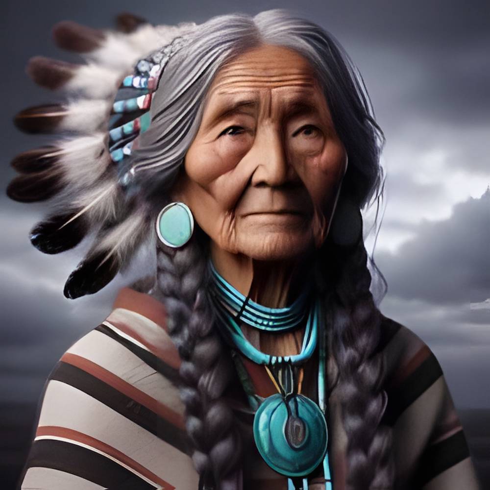 Porträt einer indigenen älteren Frau – spirituelles KI-Kunstmotiv als digitaler Download Bild 1