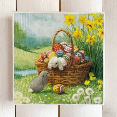 Holzbild, Ostereierkorb mit Häschen, zum Aufhängen oder Aufstellen; Ostern