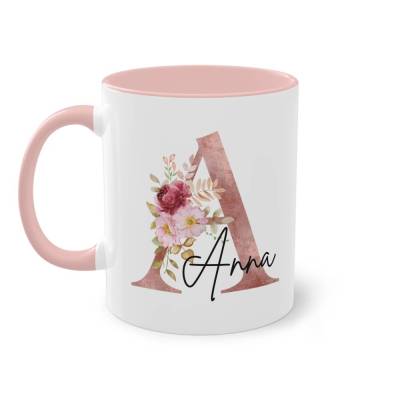 Personalisierte Tasse mit Initiale A & Blumen | Rosa Henkel | Geschenkidee für Frauen, Freundin, Mama