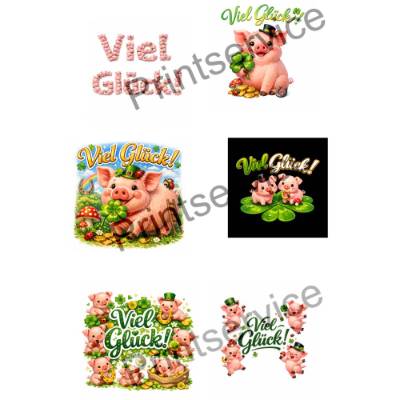 Clip Art, Viel Glück, Schriftzug in verschiedenen Darstellungen mit Glücksschweinchen, 6 Bilder