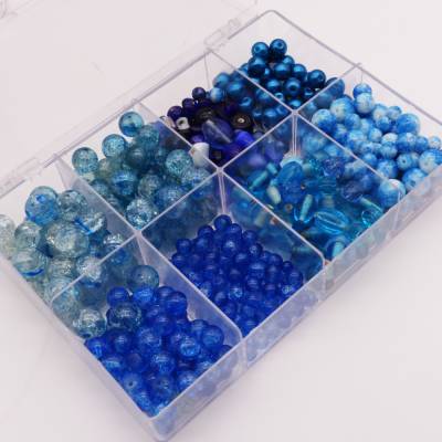 Perlenmix, Glasperlen, blau, türkis, 6 - 14 mm, Perlenmischung, Perlenset, Sortierbox