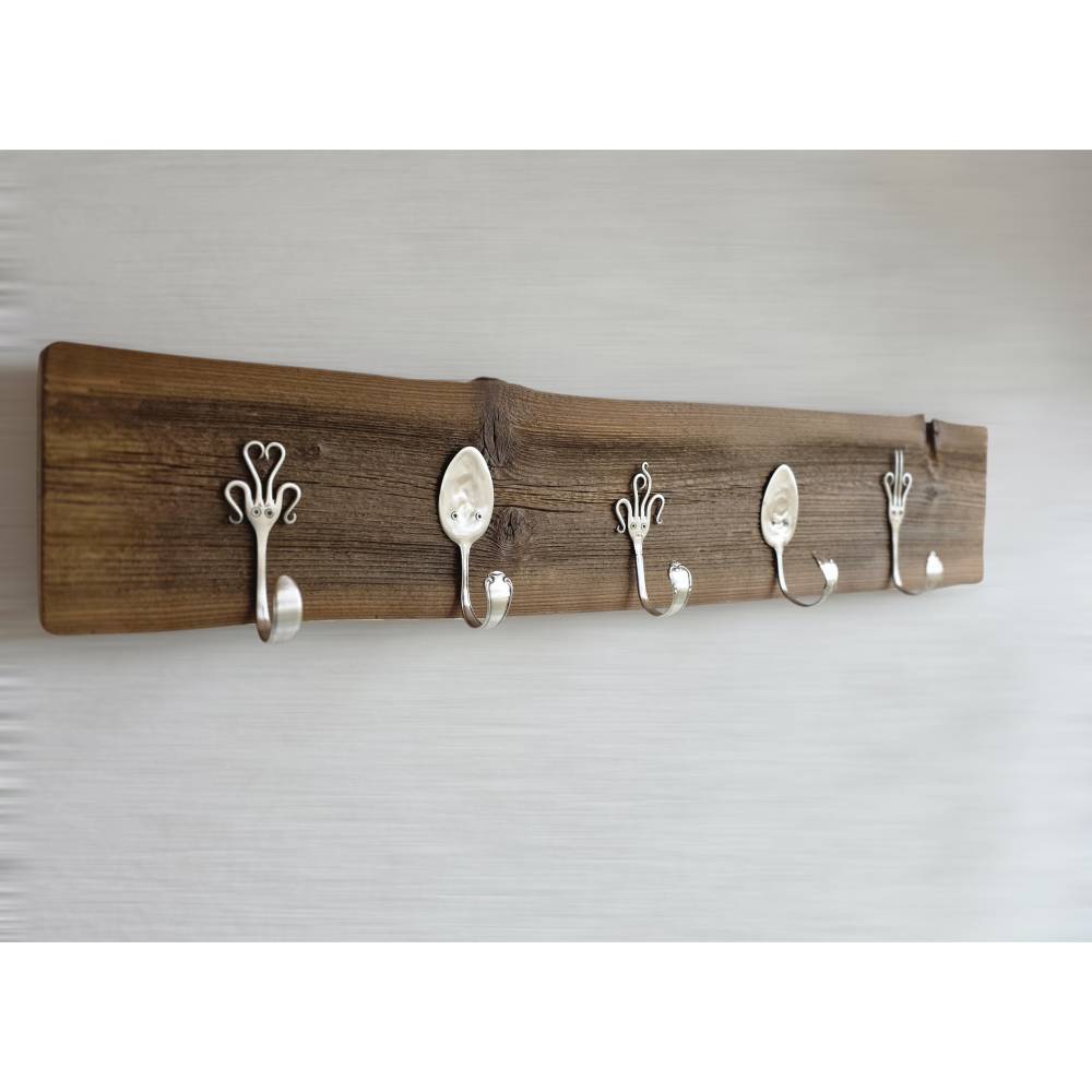 Garderobe Garderobenbrett Hakenleiste Altholzgarderobe 5 er Haken aus alten Silberbesteck