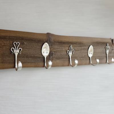 Garderobe Garderobenbrett Hakenleiste Altholzgarderobe 5 er Haken aus alten Silberbesteck