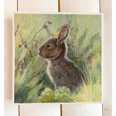 Holzbild, Hase auf grüner Wiese, zum Aufhängen oder Aufstellen; Ostern