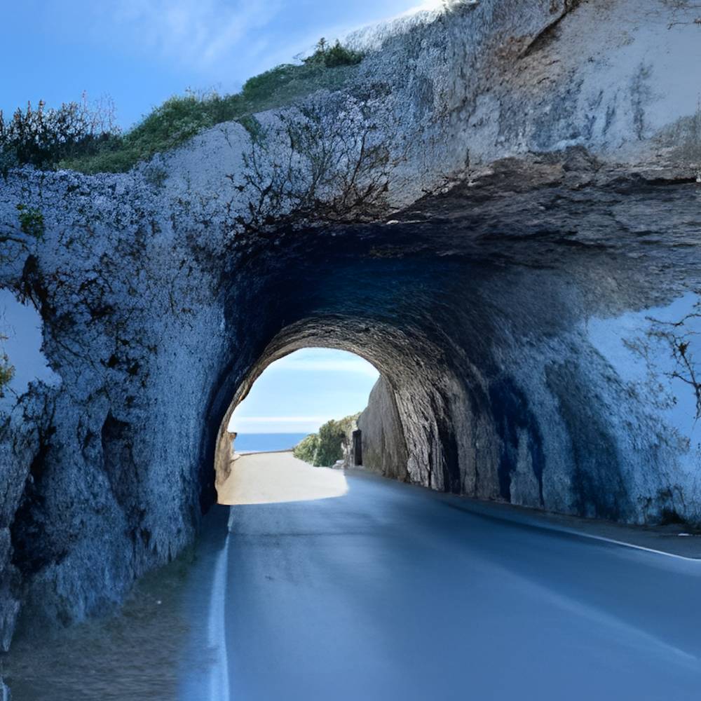 Küstenstraße mit Felstunnel in Kalabrien – atmosphärische Fotografie als digitaler Download Bild 1