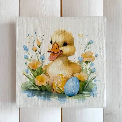 Holzbild, kleine Ente mit Ostereiern, zum Aufhängen oder Aufstellen; Ostern