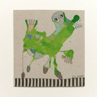 kleine Zeichnung, Tusche, grünes KlexMonster auf quadratischem Karton