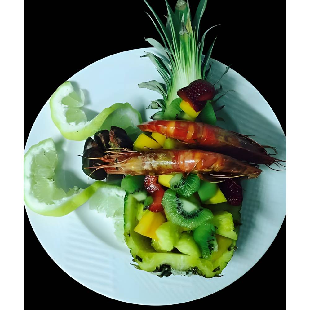 Exotisches Garnelen-Frucht-Arrangement – moderne KI-Food-Art als digitaler Download Bild 1
