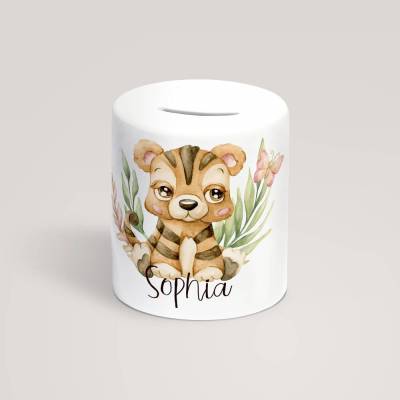 Personalisierte Spardose mit Name aus Keramik *Safari Tiger* / Geldgeschenk für Kinder zur Einschulung
