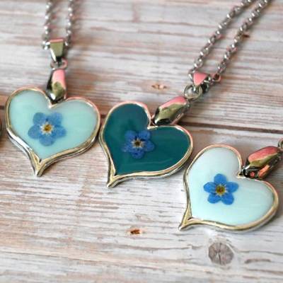 Vergissmeinnicht Kette Silber Herz – Echte Blüte, Handgefertigter Naturschmuck, Geschenk für Sie