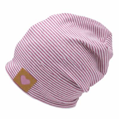 Beanie Mütze Mädchen flieder weiß gestreift, Herzpatch, Übergangsmütze Jersey,Babymütze