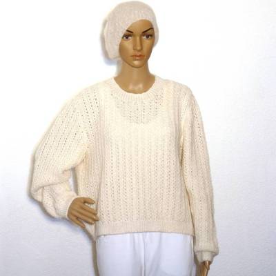 Handgestrickter Damen-Pullover in Weiß Gr. 38/40 aus Alpaka.